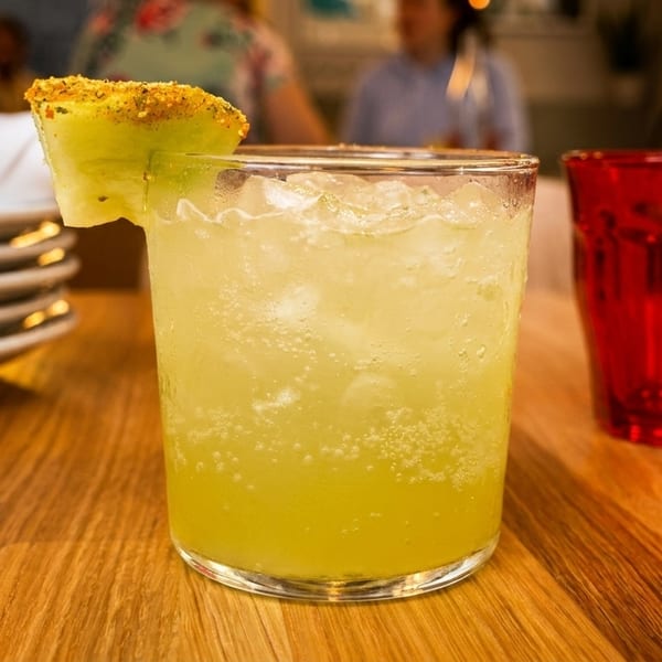 A vibrant green cocktail with ice and a spiced cucumber slice on a wooden table.